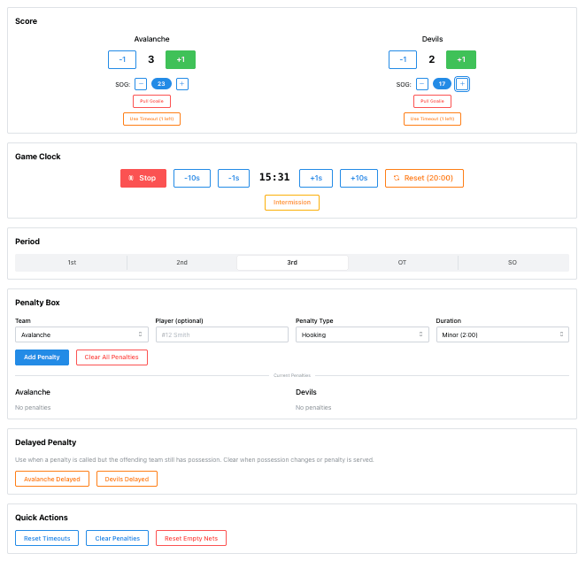 Hockey scoreboard admin panel with penalty tracking and shots on goal