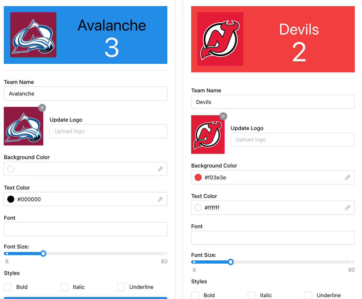 Hockey scoreboard with customizable team colors and logos