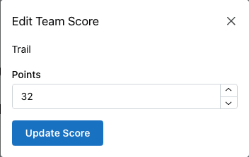 Actual Edit Team Score dialog for Trail: the Points field contains 32 and the action is Update Score.