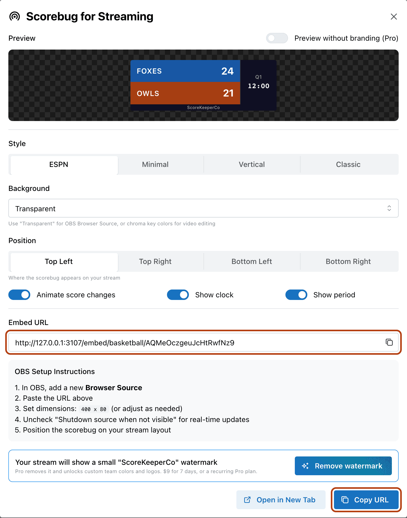 Actual Scorebug for Streaming dialog, with Transparent selected and the Embed URL field outlined in orange