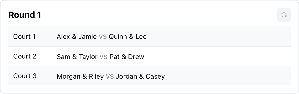First round of a generated pickleball schedule, with six fixed doubles pairs assigned to three courts.
