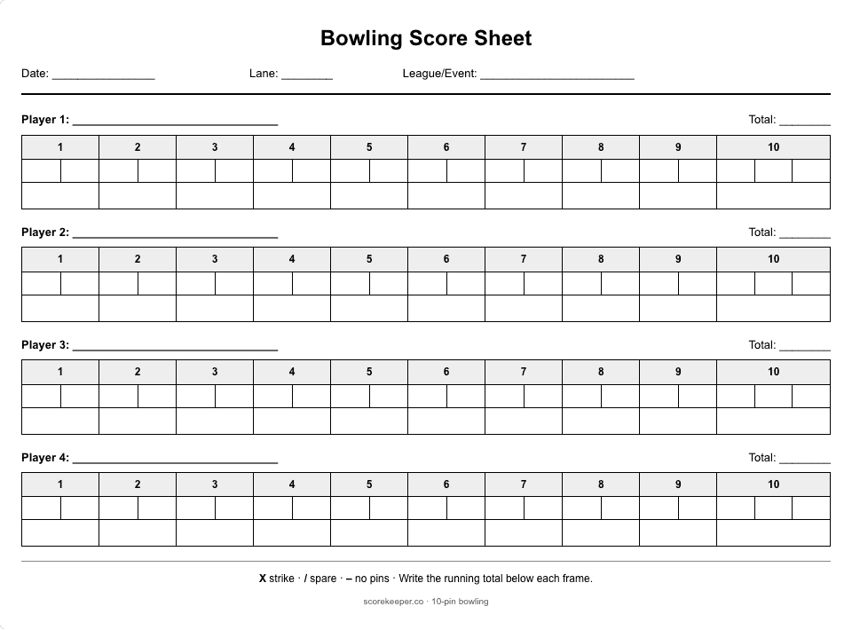Blank Bowling score sheet from the app