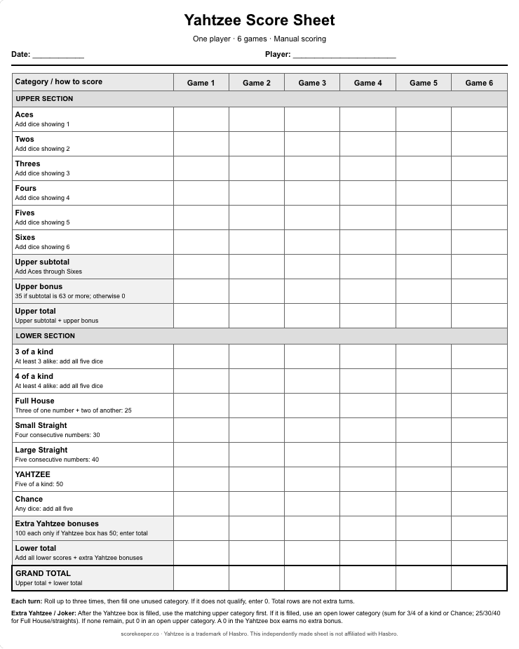Blank Yahtzee score sheet from the app