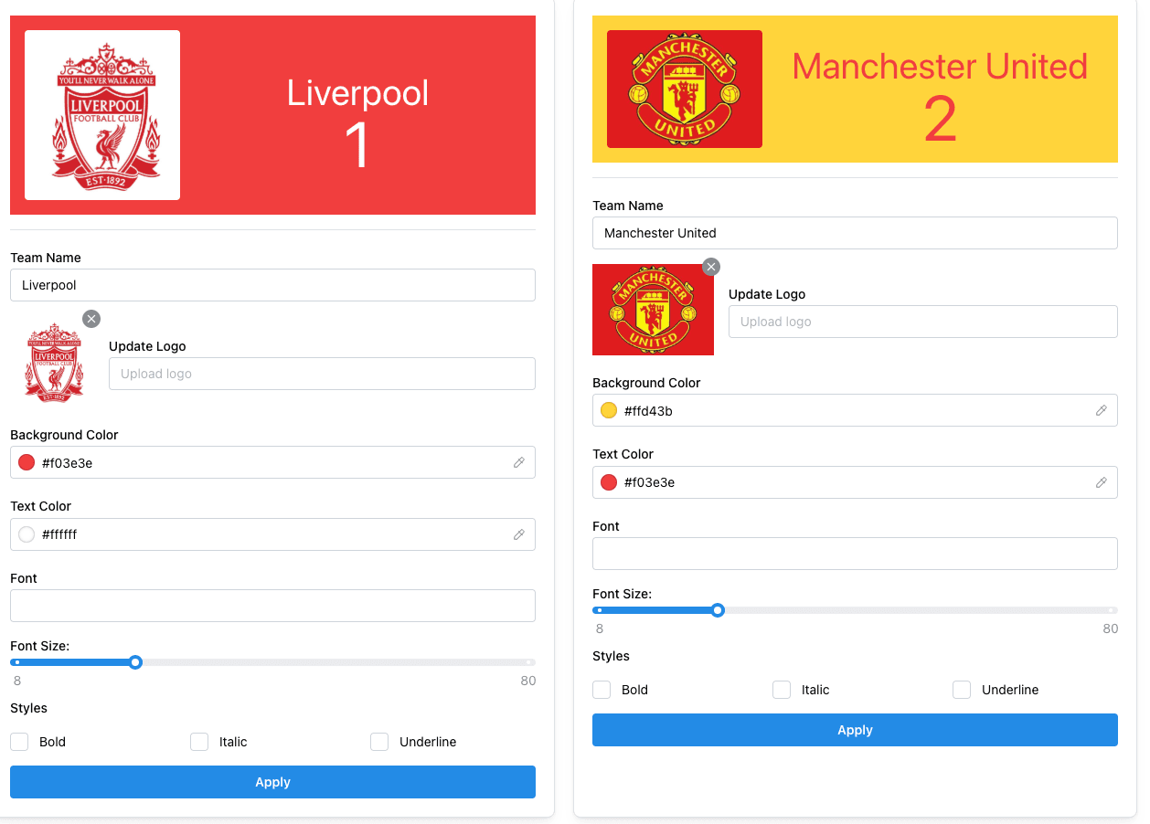 Soccer scoreboard with customizable team colors and crests