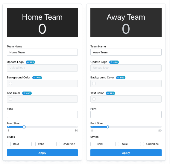 Volleyball scoreboard with customizable team colors and logos