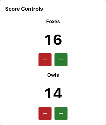 Actual phone scoring controls: Foxes 16 and Owls 14, each with minus and plus buttons.
