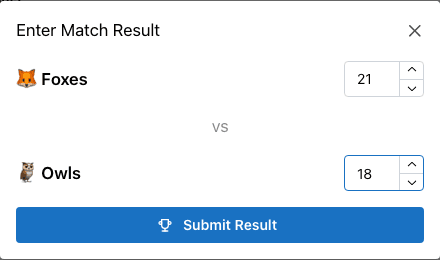 Actual Enter Match Result dialog with Foxes 21, Owls 18 and Submit Result button
