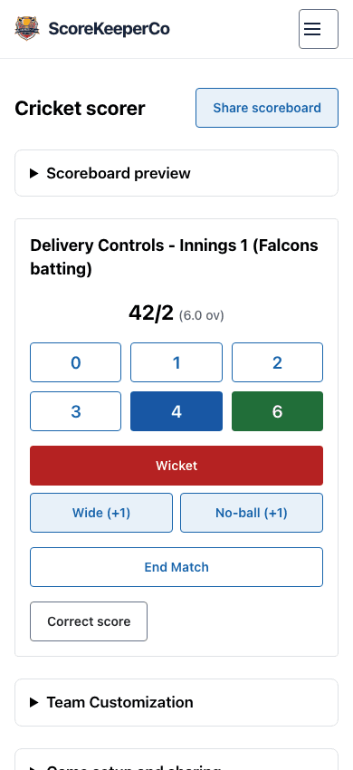 Actual phone scorer with run buttons, wicket and extra controls, Correct score and Share scoreboard