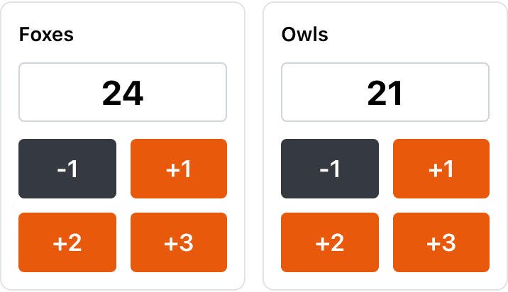 Actual phone scoring controls for Foxes and Owls, with score fields and point buttons