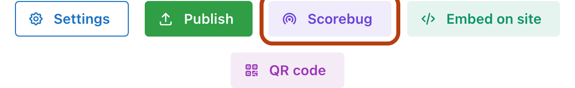 Actual ScoreKeeperCo toolbar, with an orange outline around Scorebug beside Publish