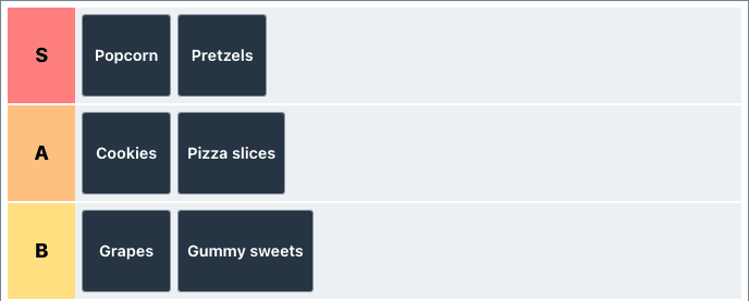 Example game-night snack ranking made in ScoreKeeperCo, with popcorn and pretzels in S tier