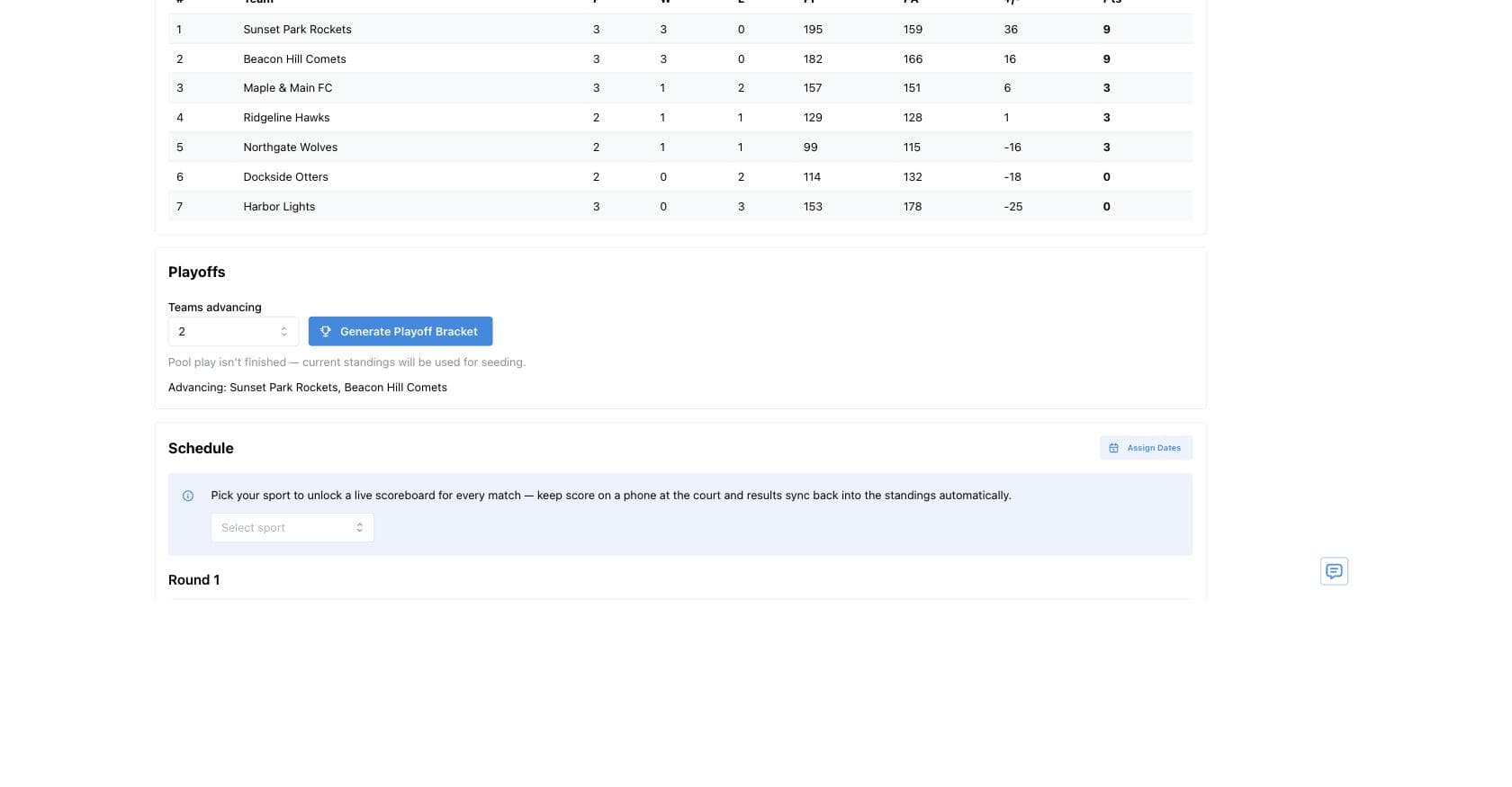 League admin view showing live standings and the playoff bracket generated from them