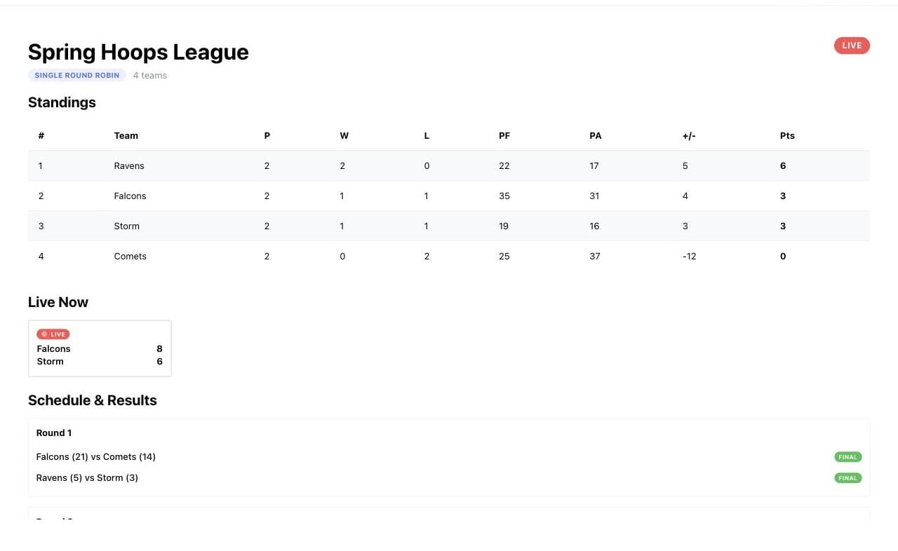 Public league page showing live standings, a live match card, and final results by round