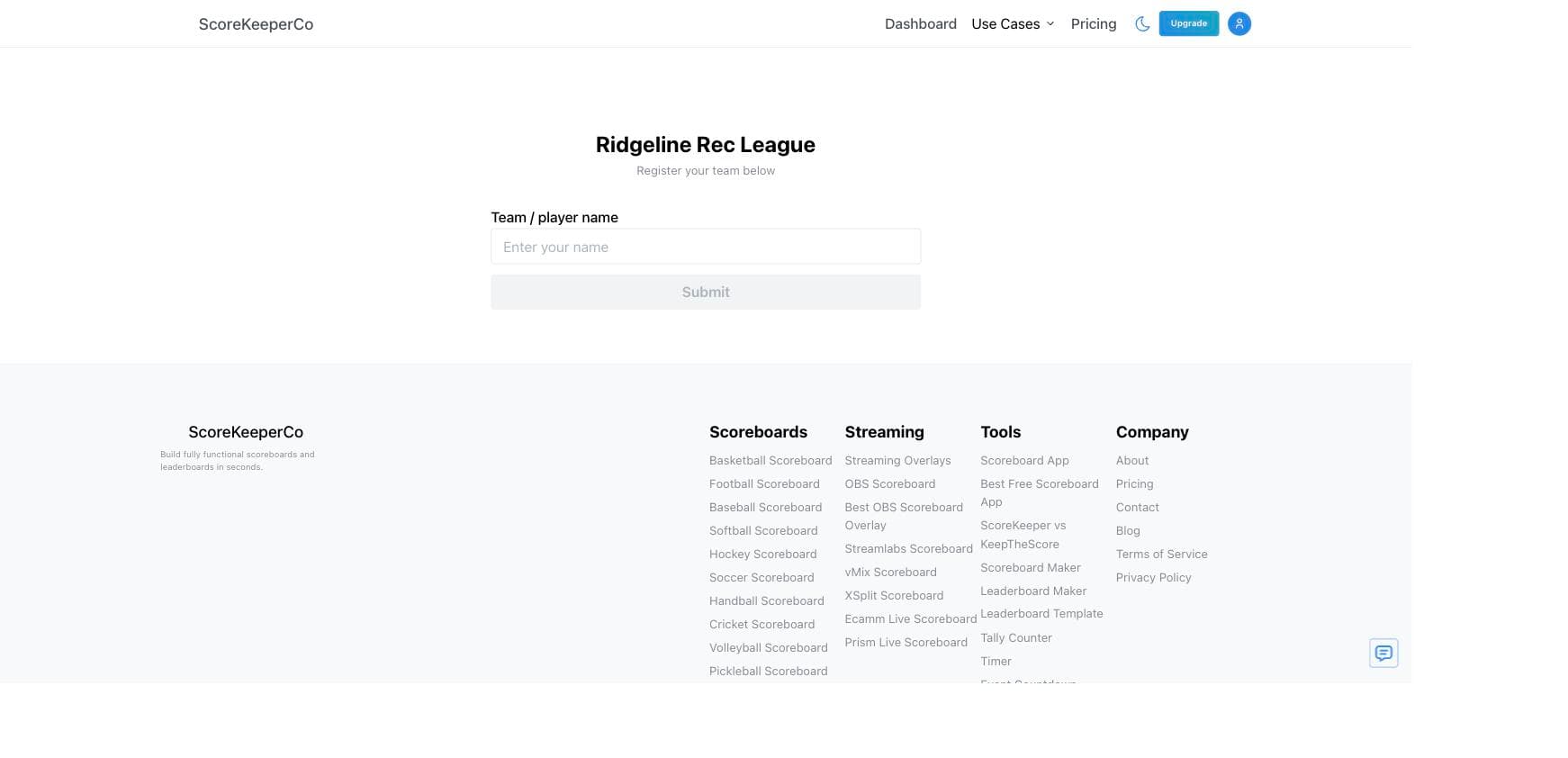 Team registration page where players sign up with just a team name