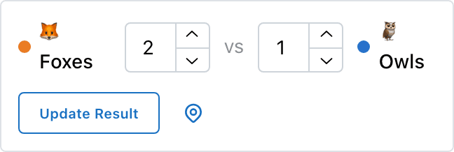 Actual match scoring controls for the fictional league: enter both scores, then complete or update the result.