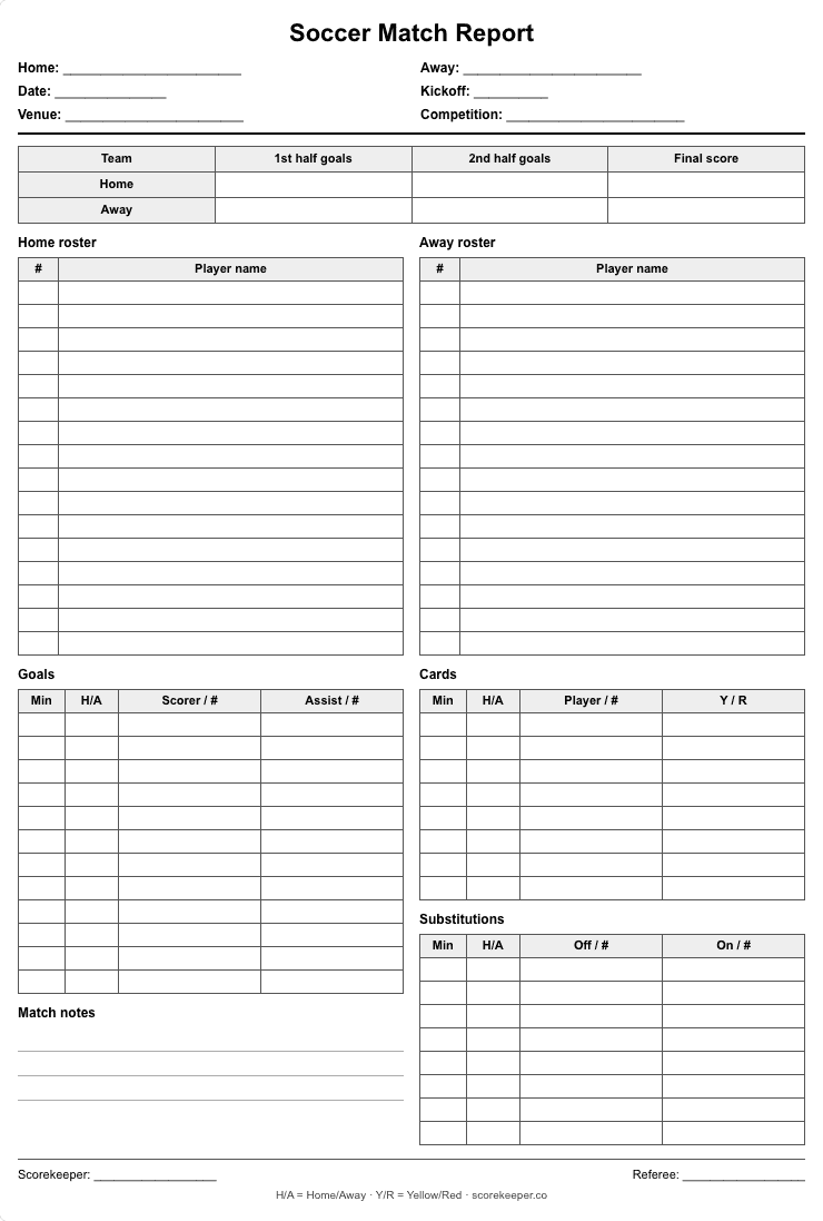 Blank Soccer score sheet from the app