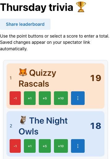 Actual host controls showing Share leaderboard above team totals, point buttons and each team's three-dot options menu.