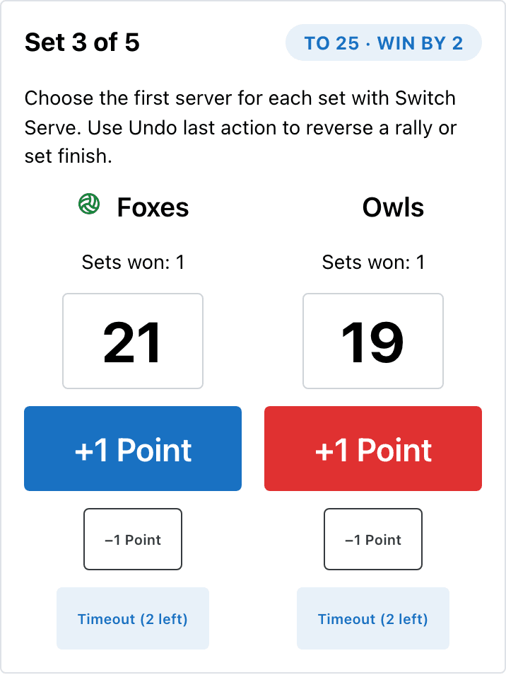 Actual phone scoring controls with Foxes and Owls points, add and subtract buttons, and timeouts