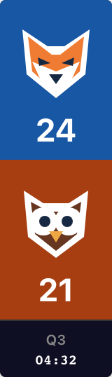 Vertical football overlay showing the same Foxes 24–Owls 21 game